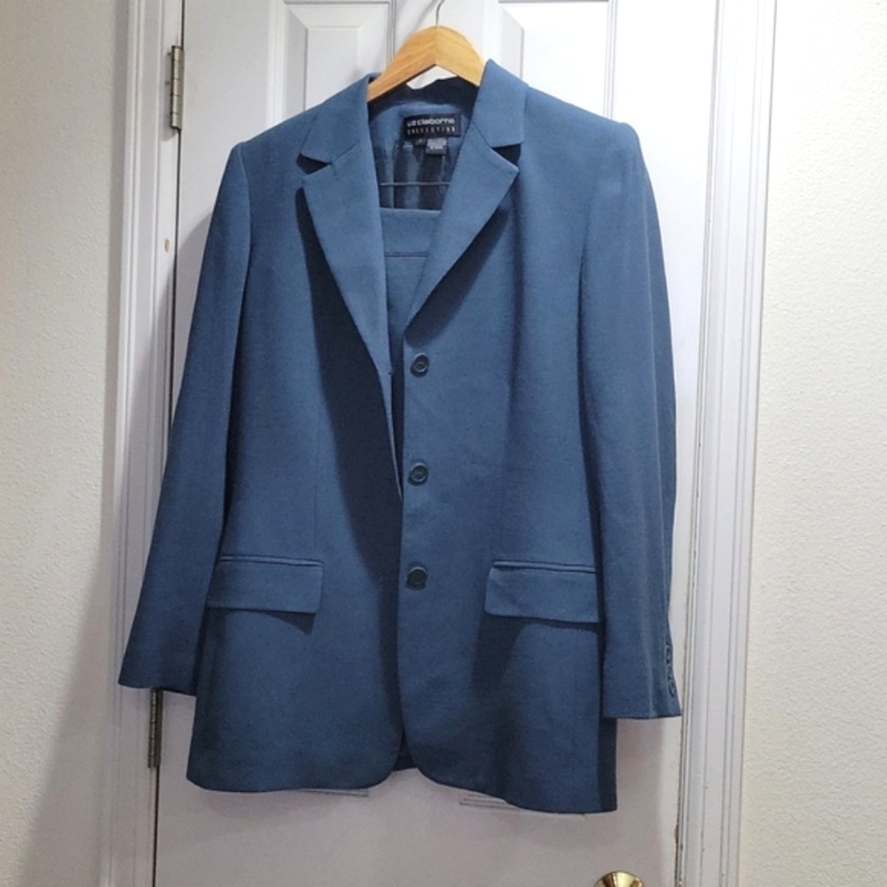 Liz Claiborne Collection Smoky Teal Blue 100% Fine Wool 3 Button Skirt Suit
